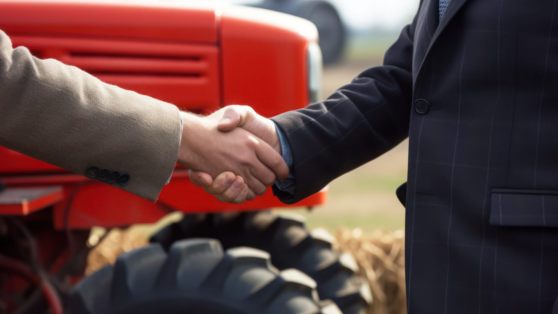 agribusiness handshake business trade agreement between businessman and farmer, harvest management deal, agronomy trade, purchase sell tractor farm machinery equipment