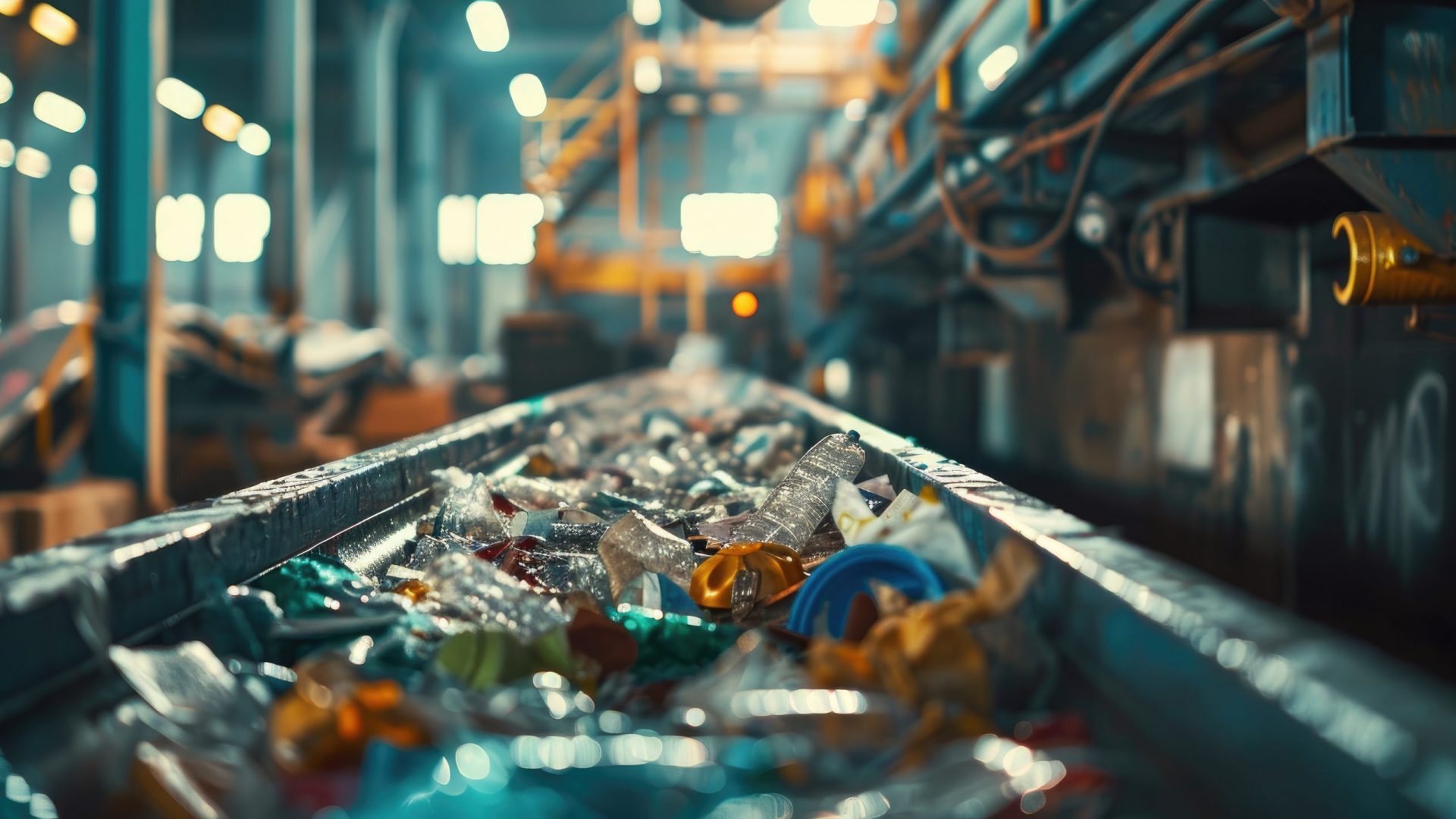 A close up of a recycling machine sorting plastic waste in a recycling factory