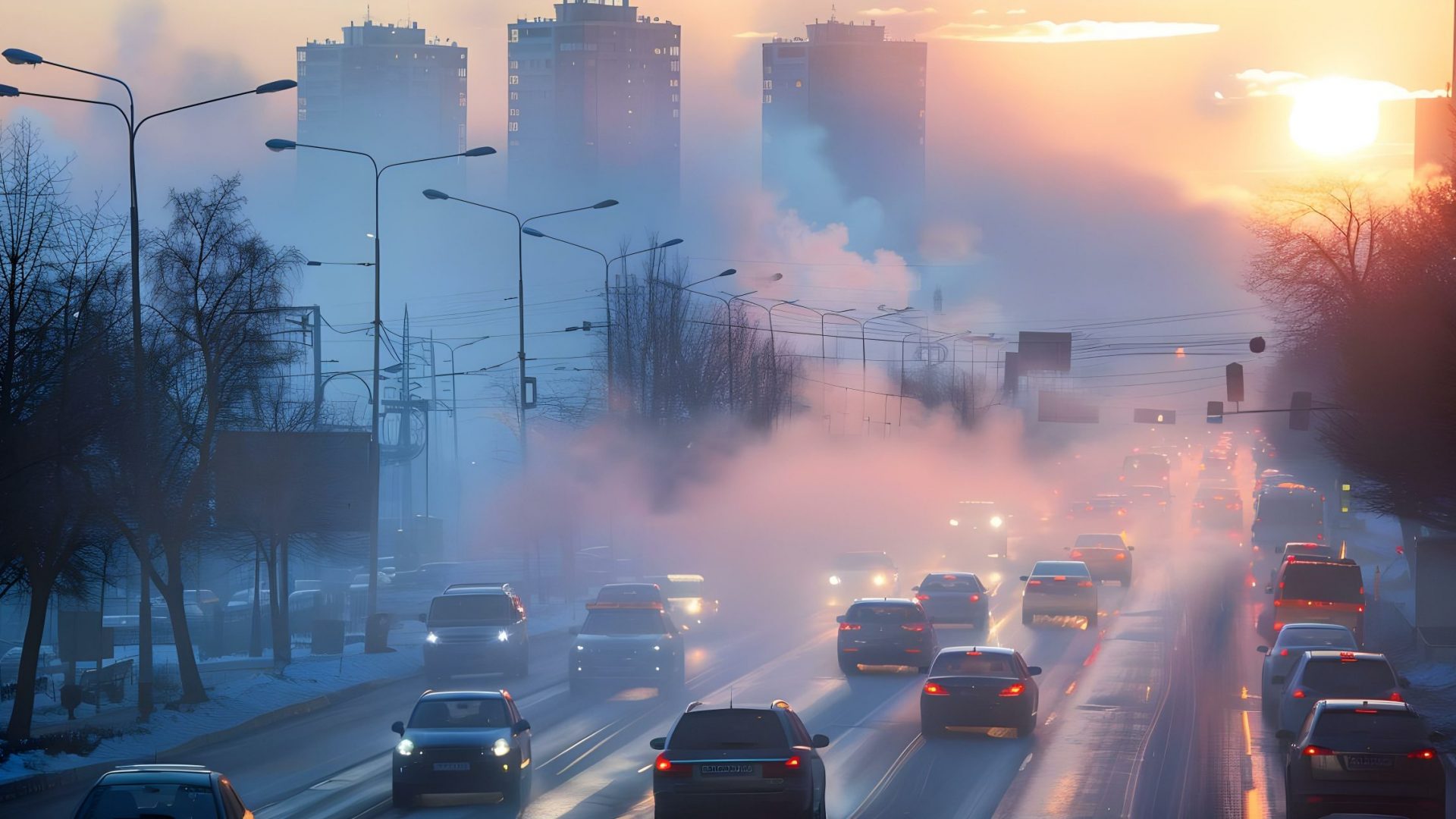 City choked by smog from vehicle emissions due to inefficient transportation system. Concept Air Pollution, Urban Development, Sustainable Transport, Green Transportation, Public Health